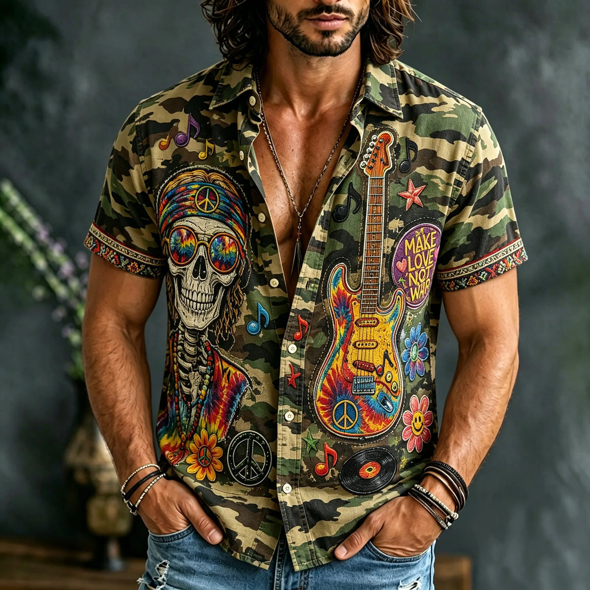 Men's Retro Hippie Camouflage Skull Guitar Print Shirt