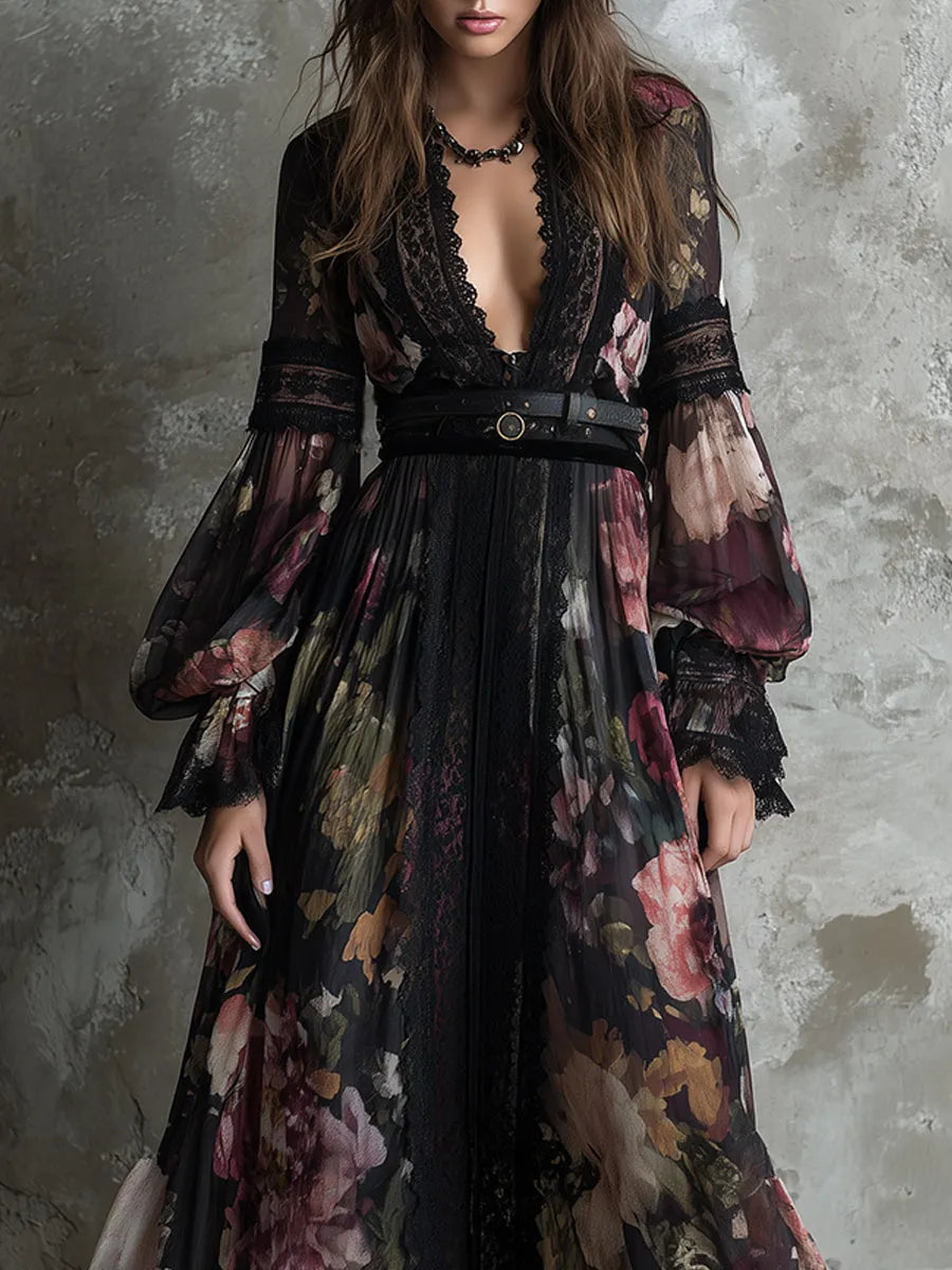Bohemian Holiday Chiffon Printed Lace Maxi Dress