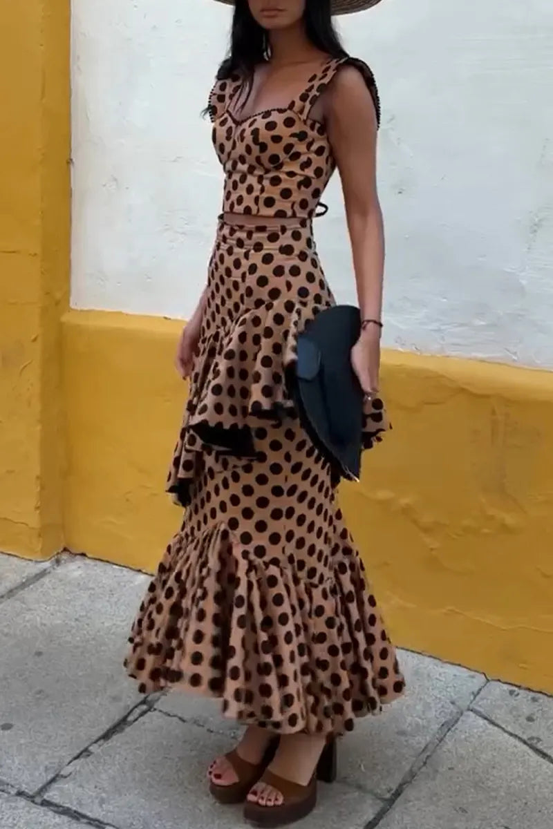 Women's Elegant Asymmetric Flounce Hem Polka Dot Skirt Set