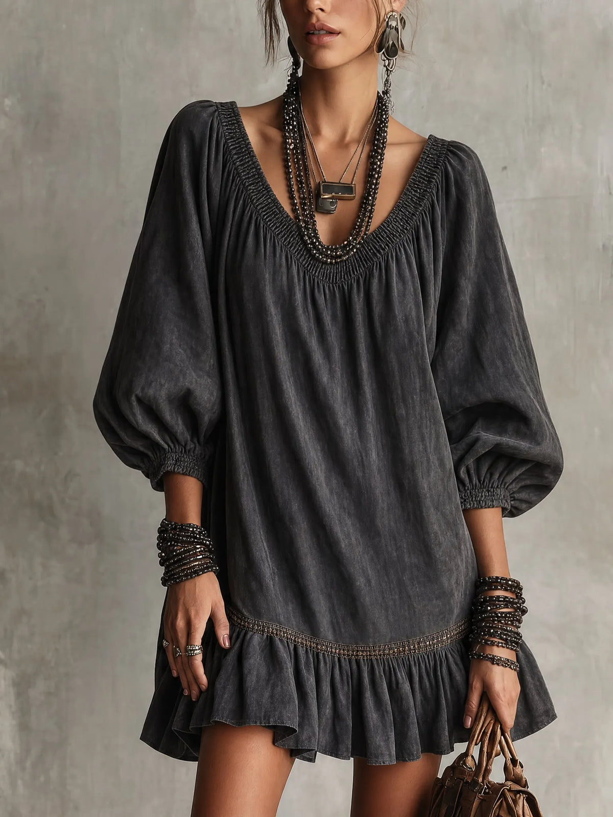 Black Washed Cotton V-Neck Loose Mini Dress