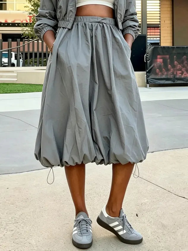 Casual Ruched Plain Midi Skirt