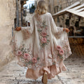 Women's Vintage Bohemian Pink Floral Embroidered Art Casual Linen Blend Long Cardigan