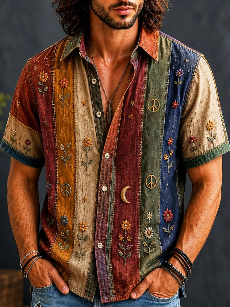 Men's Vintage Flowers Moon Striped Art Patchwork Print Shirt