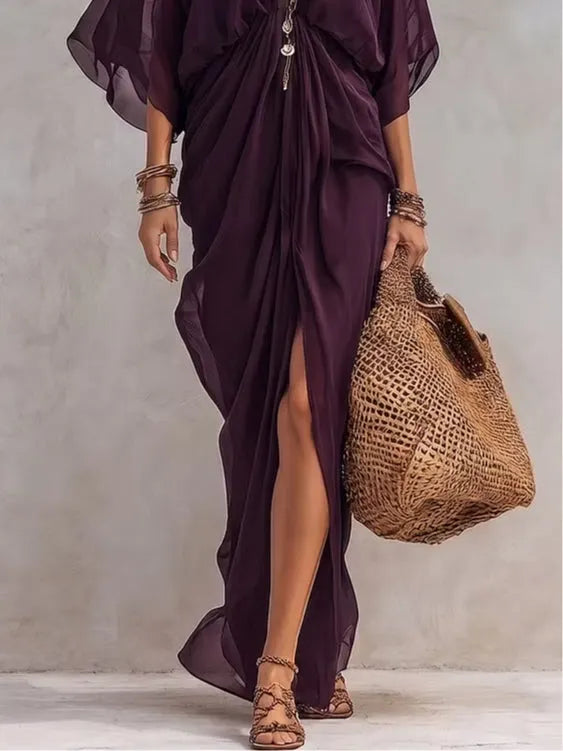 Casual Deep Purple Pleated Chiffon Maxi Dress