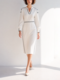 Women's Elegant Refined White Contrast-Piping V-Neck Long-Sleeve Belted Midi Dress MDZ2222G7CMX
