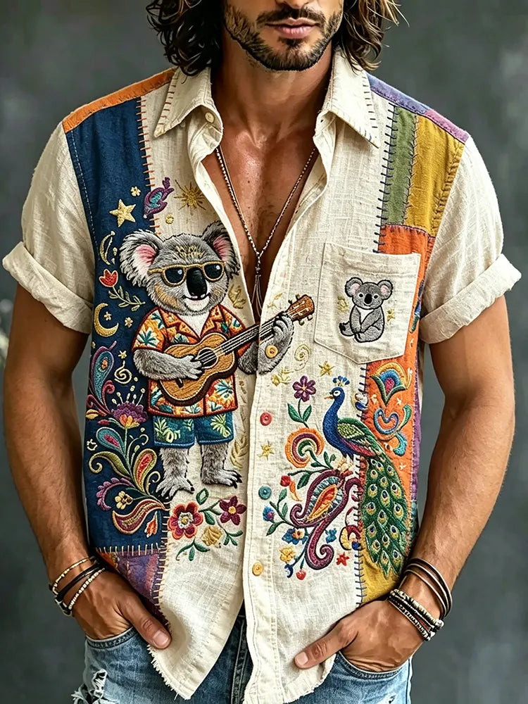 Men's Hippie Style Patchwork Art Print Casual Shirt