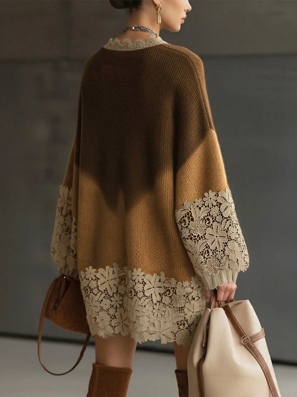 24-Hour-Shipping Brown Ombre Knit Lace Oversized Long Sleeve Mini Dress