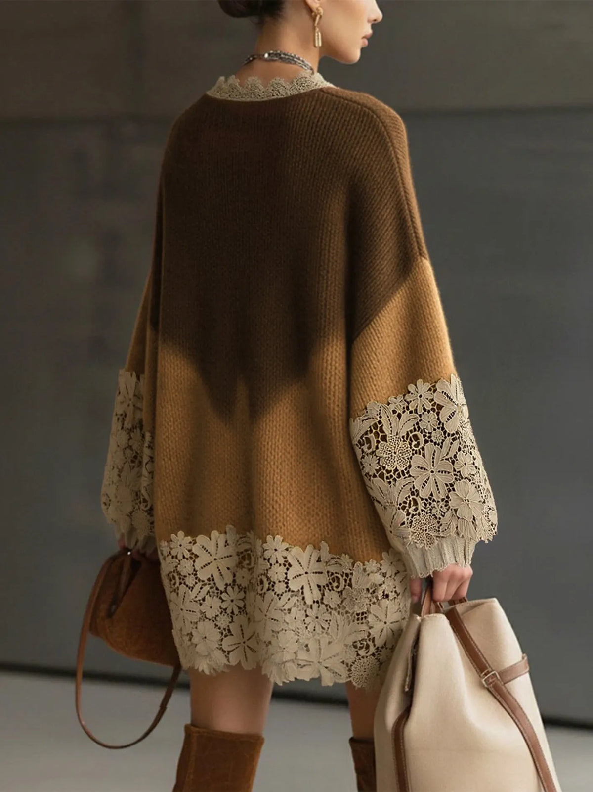 24-Hour-Shipping Brown Ombre Knit Lace Oversized Long Sleeve Mini Dress