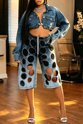 Women's Fashion Gradient Cropped Denim Jacket & Cutout Jeans