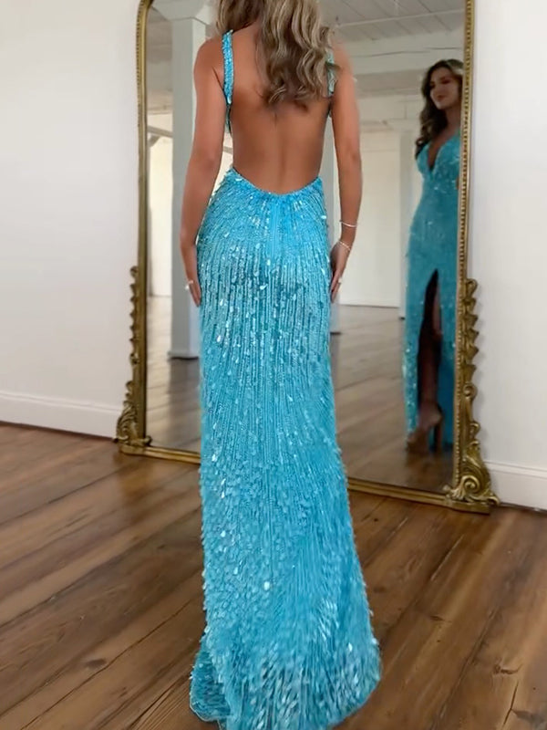 Sequinned beaded Sleeveless Spaghetti-Neck split-side Evening Maxi Dresses