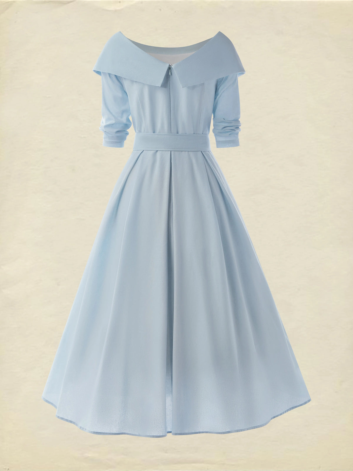 Midi Cotton Dress , Long Sleeves, Off Shoulder, Plain, Belt Design, French Vintage, Sky Blue