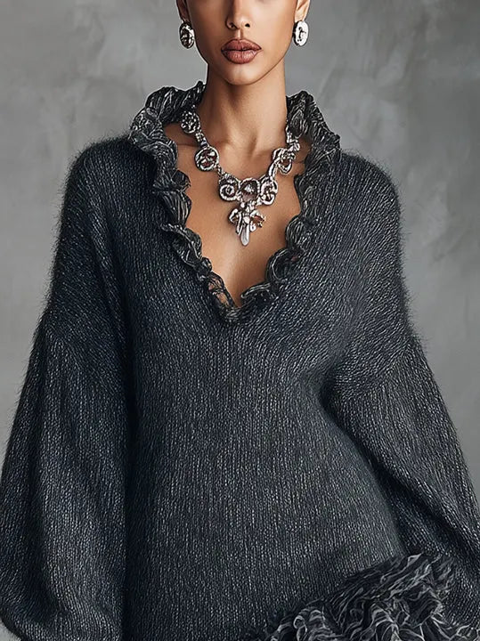 24-Hour-Shipping Gray Knit Mini Dress With Ruffled V-Neckline And Chiffon Hem