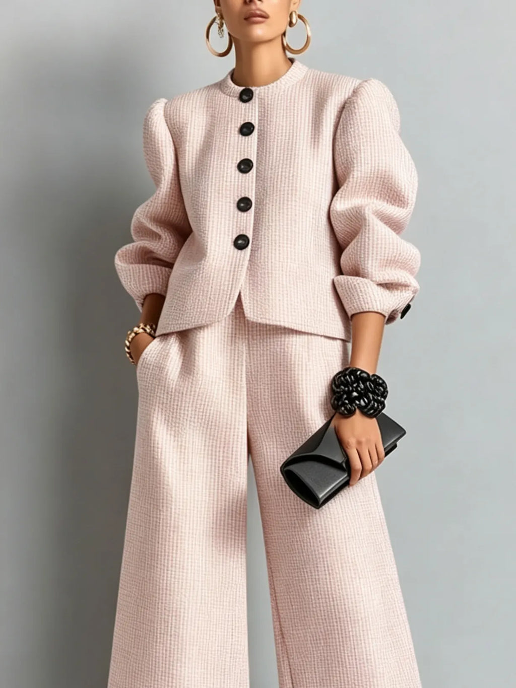 Round Neck Puff Sleeve Cropped Jacket & High Waist Wide Leg Cropped Pants Pink Tweed Two‑Piece Set Outfit