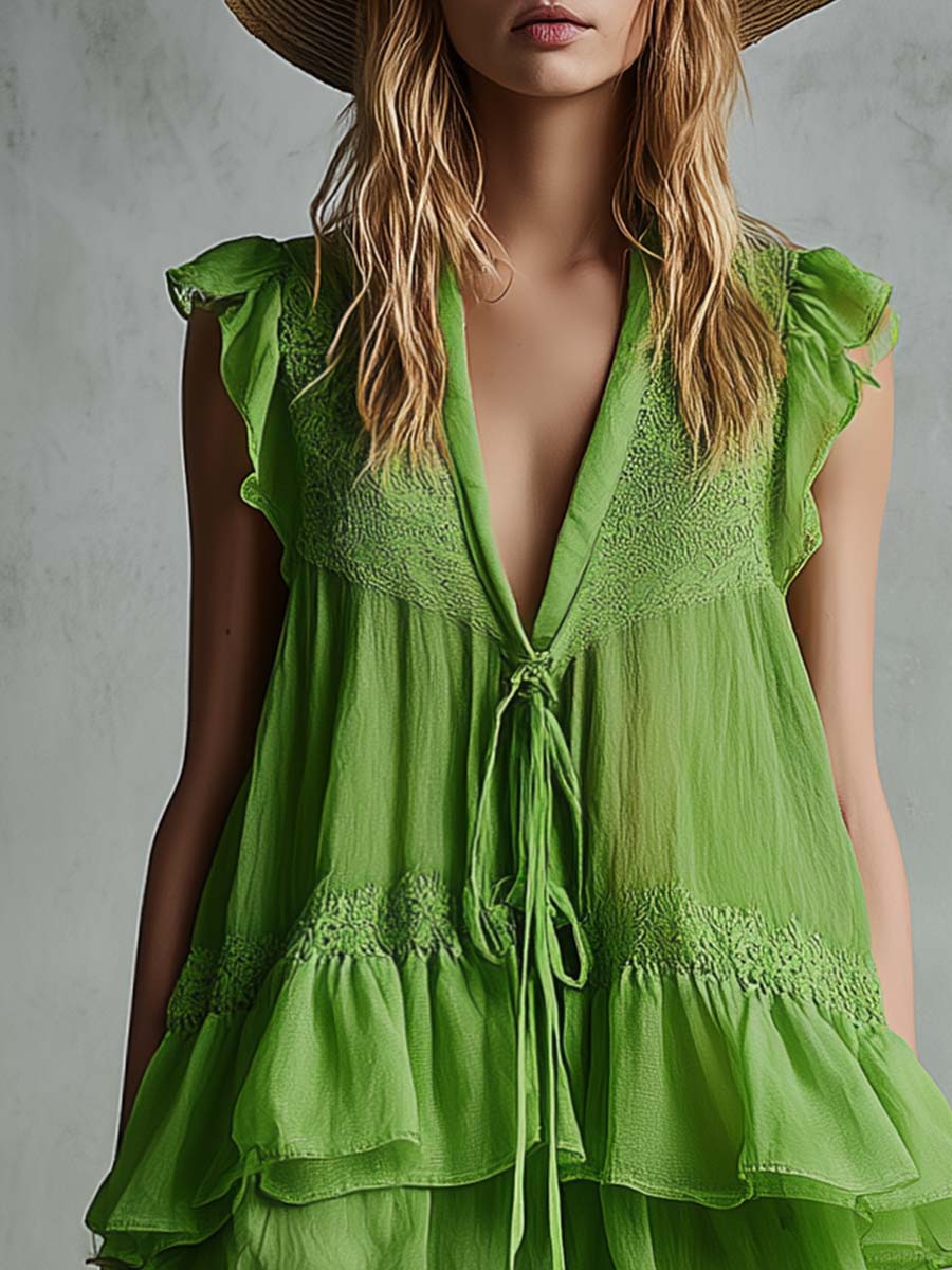 Retro Bohemian Tie-neck V-neck Lace-trimmed Bright Green Chiffon Mini Dress
