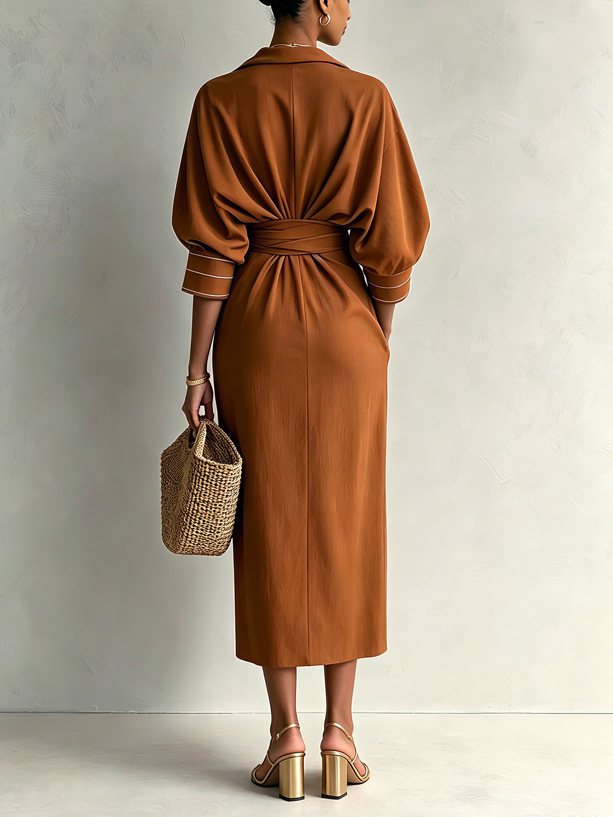 Rust Brown Draped V-Neck Midi Dress