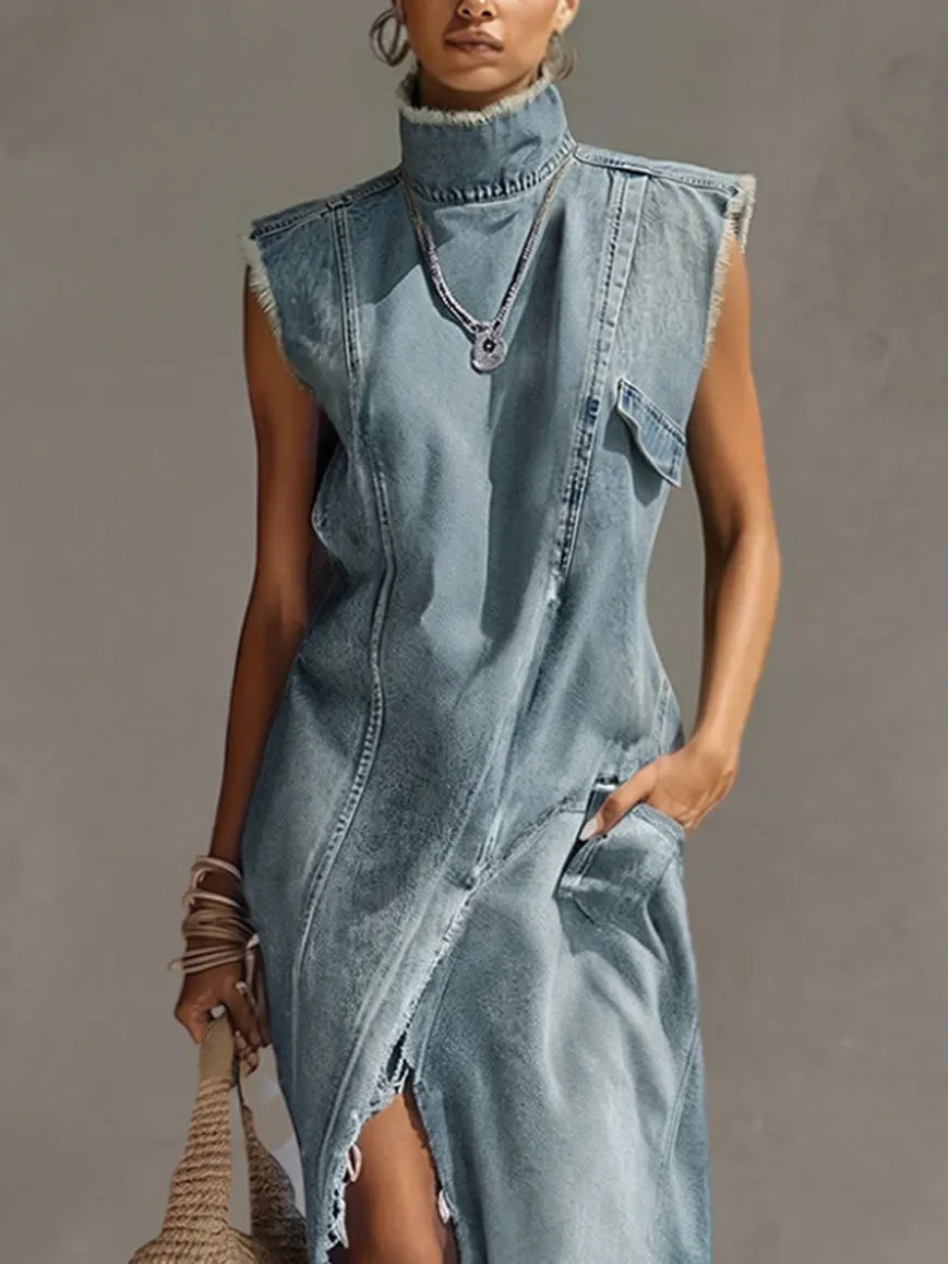 Blue Washed Denim Sleeveless High Neck Frayed Dress