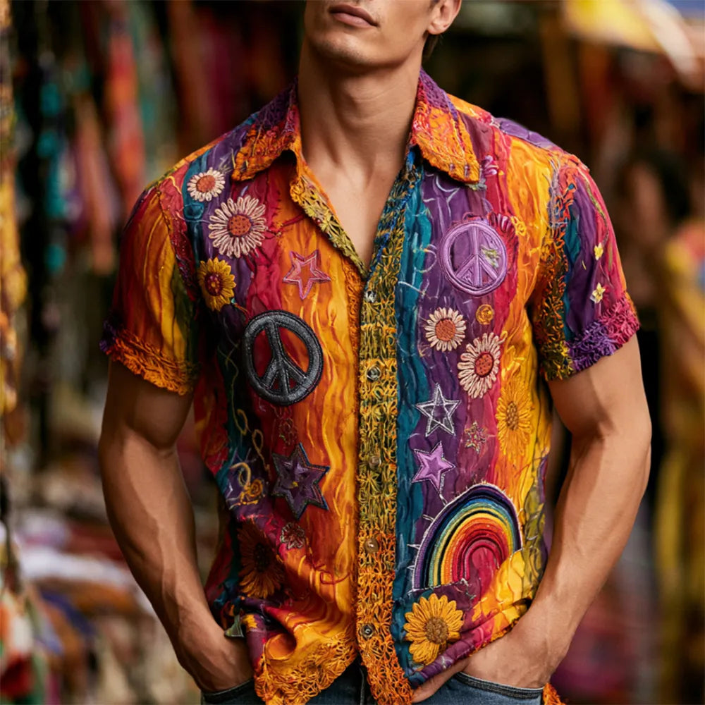 Men's Peace Symbol And Floral Art Hippie Embroidered Casual Short Sleeve Shirt