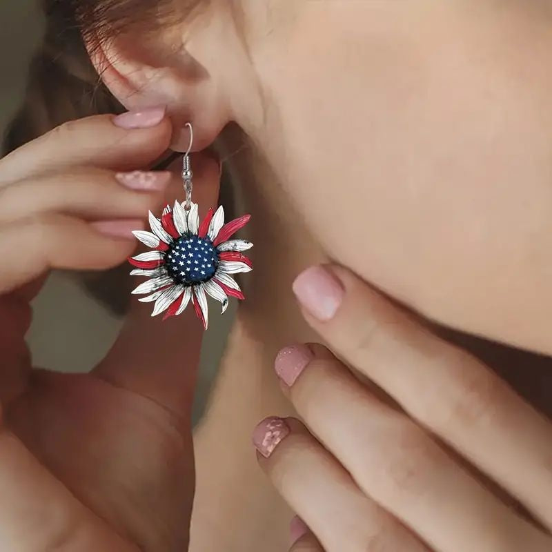 American Independence Day Sunflower Flower Art Earrings