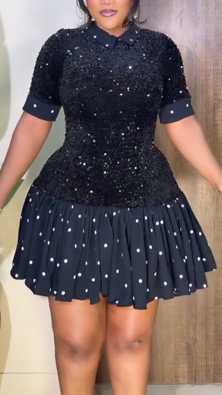 Women Collar Short Sleeved Sequined Patchwork Polka Dot Elegant Casual Dress