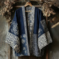 Retro Japanese Traditional Sashiko With Sakura Art Print Cotton And Linen Blend Kimono Cardigan