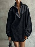 Black PU Patchwork Quarter Zip Mini Dress With Oversized Sleeves