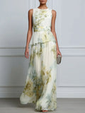 Layered Floral Sleeveless Waist Flowing Maxi Dress