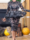 Sexy Lace Round-Neck Falbala Top&Skirt See-Through Two-Piece Suit