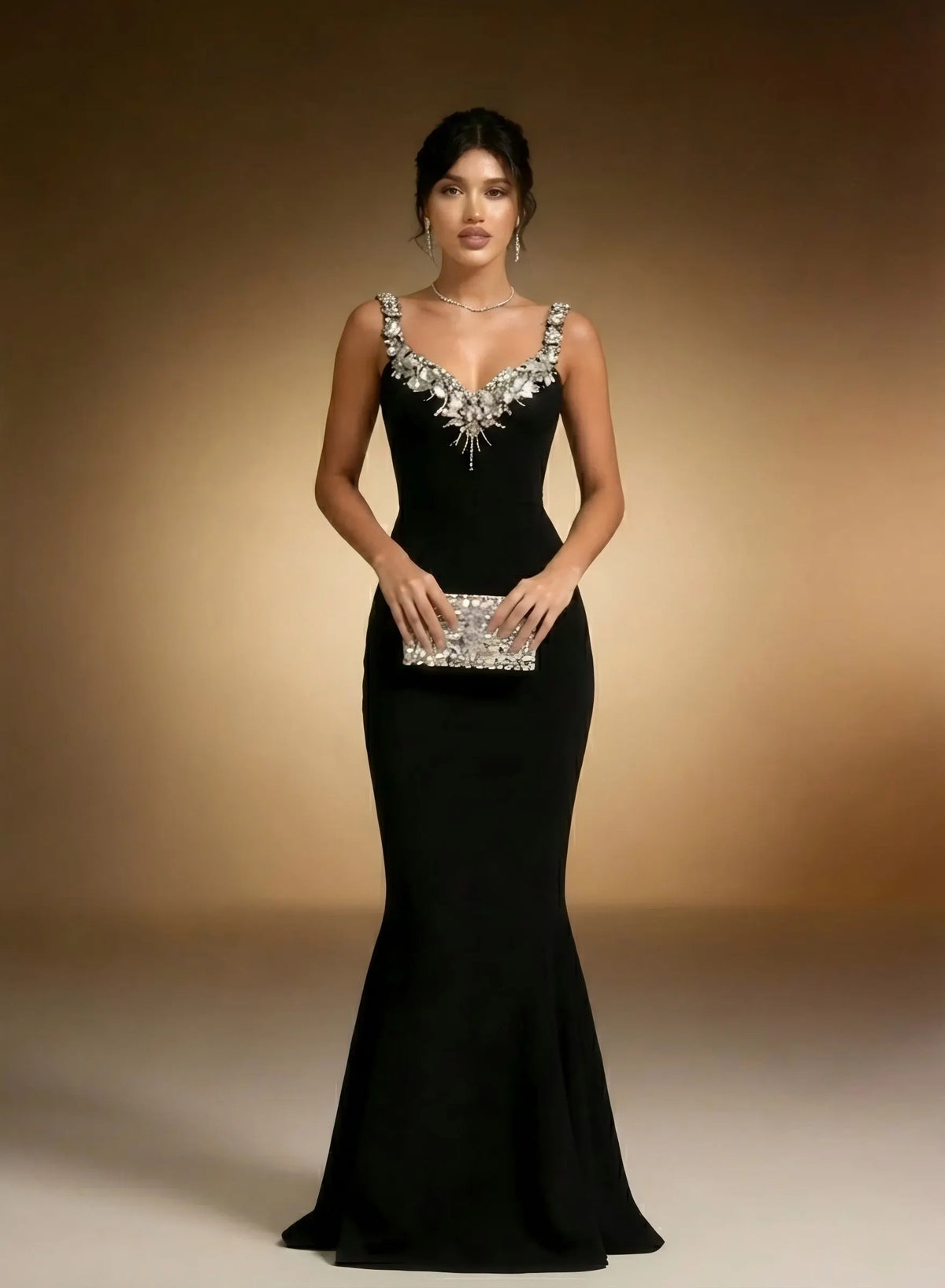 Deep V Embellished Velvet Mermaid Gown