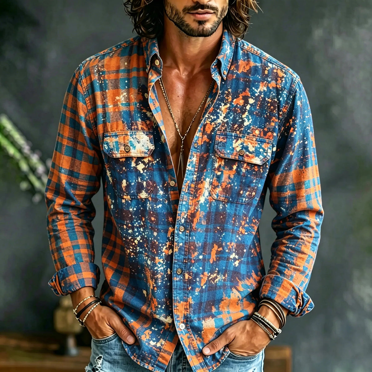 Men's Tie-dye Plaid Print Hippie Vacation Long-sleeved Shirt