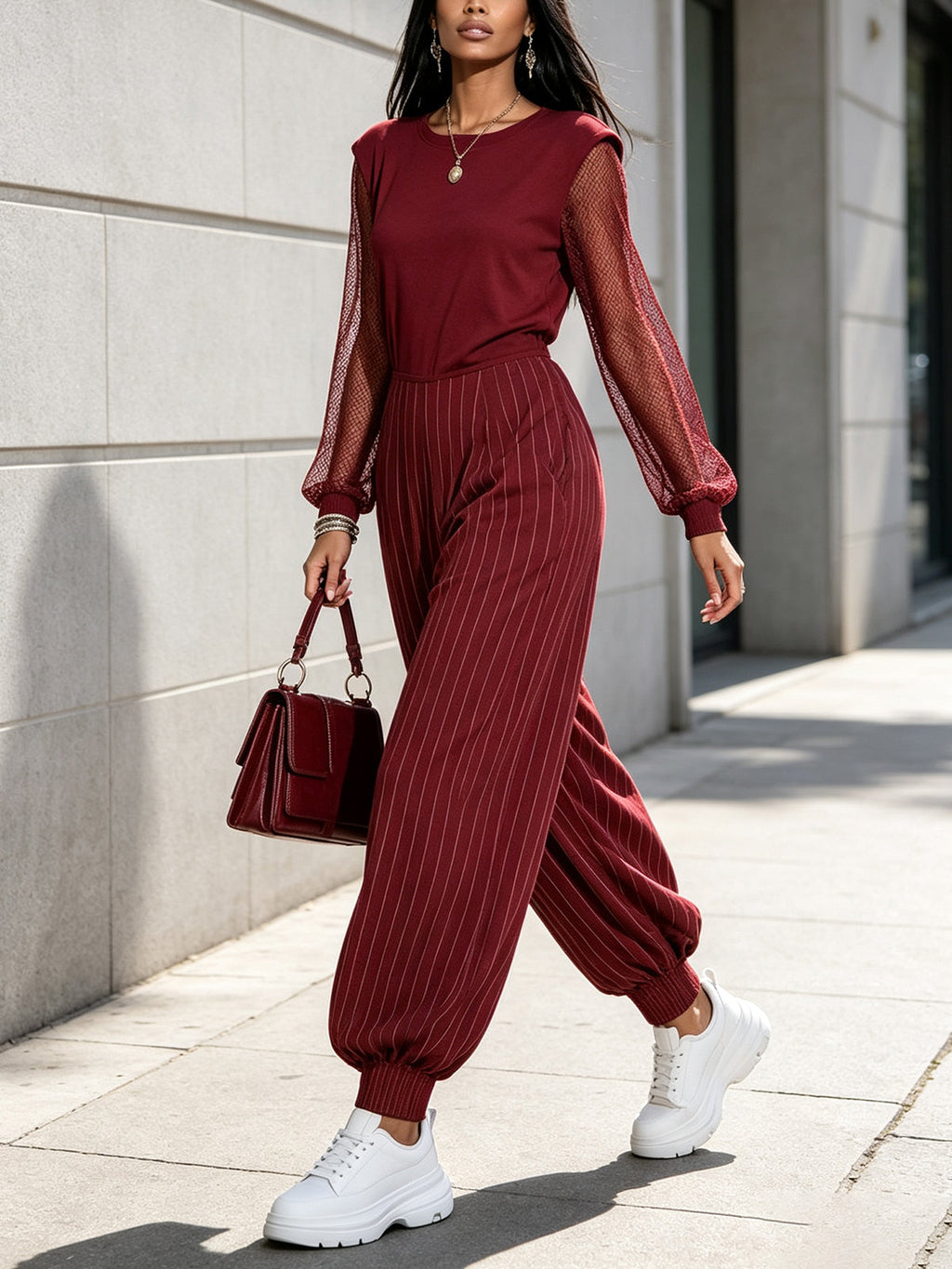 Wine Red Mesh Sleeve Pinstripe Harem Jumpsuit