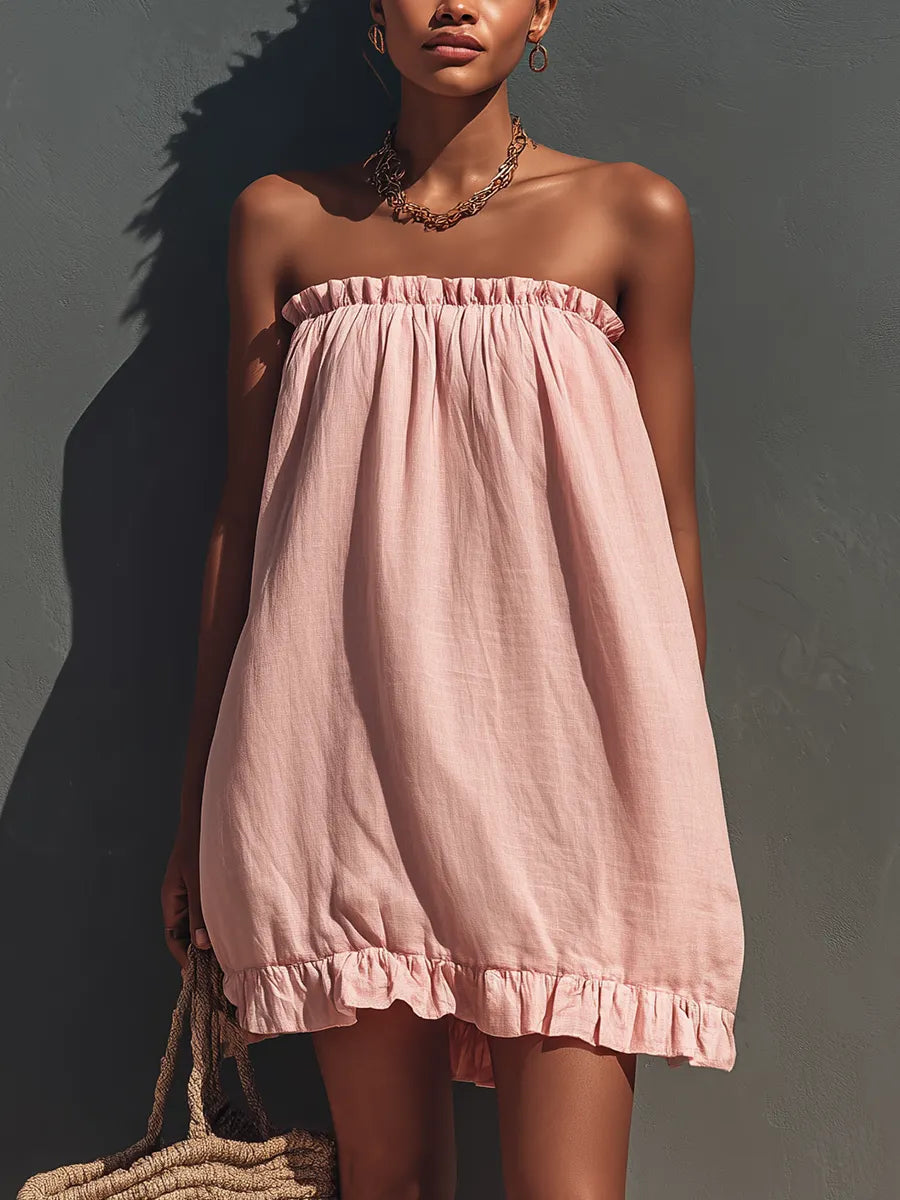 Women’s Blush Pink Linen-Blend Strapless Ruffle Trim Mini Sundress MDZ1722D0T
