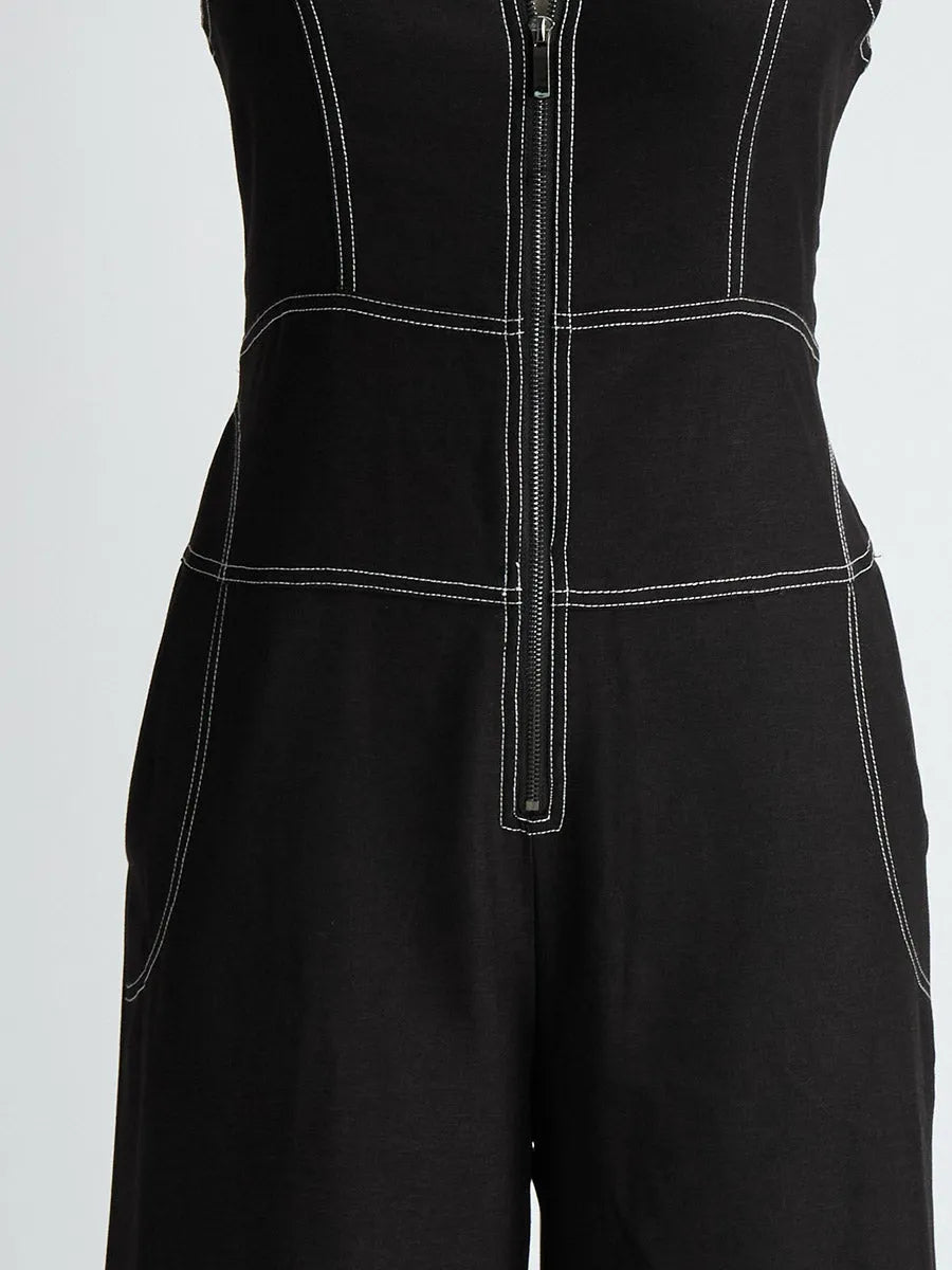 Stylish And Elegant Front-zip Black Tencel Denim Sleeveless Wide-leg Jumpsuit