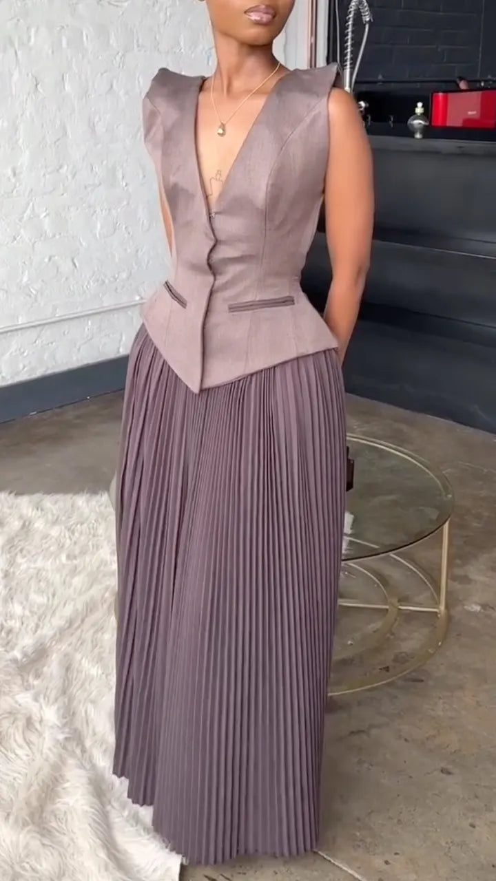 Women's V-Neck Vest-Style Spliced Pleated Dress
