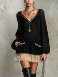 Black Oversized Knit Ruffle Hem Mini Dress
