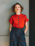 Women's Minimalist Linen-Blend Crew Neck Single-Breasted Short-Sleeve Shirt MDZ0847D4Y
