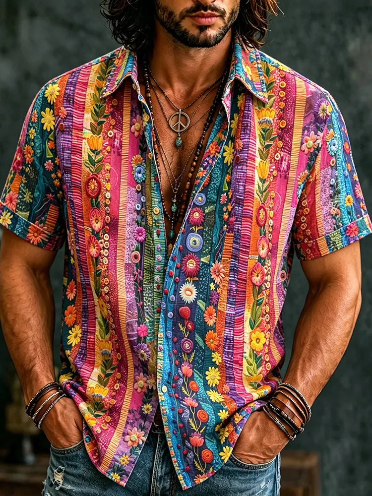 Men's Retro Hippie Floral Colorful Stripes Art Pattern Casual Washed Shirt