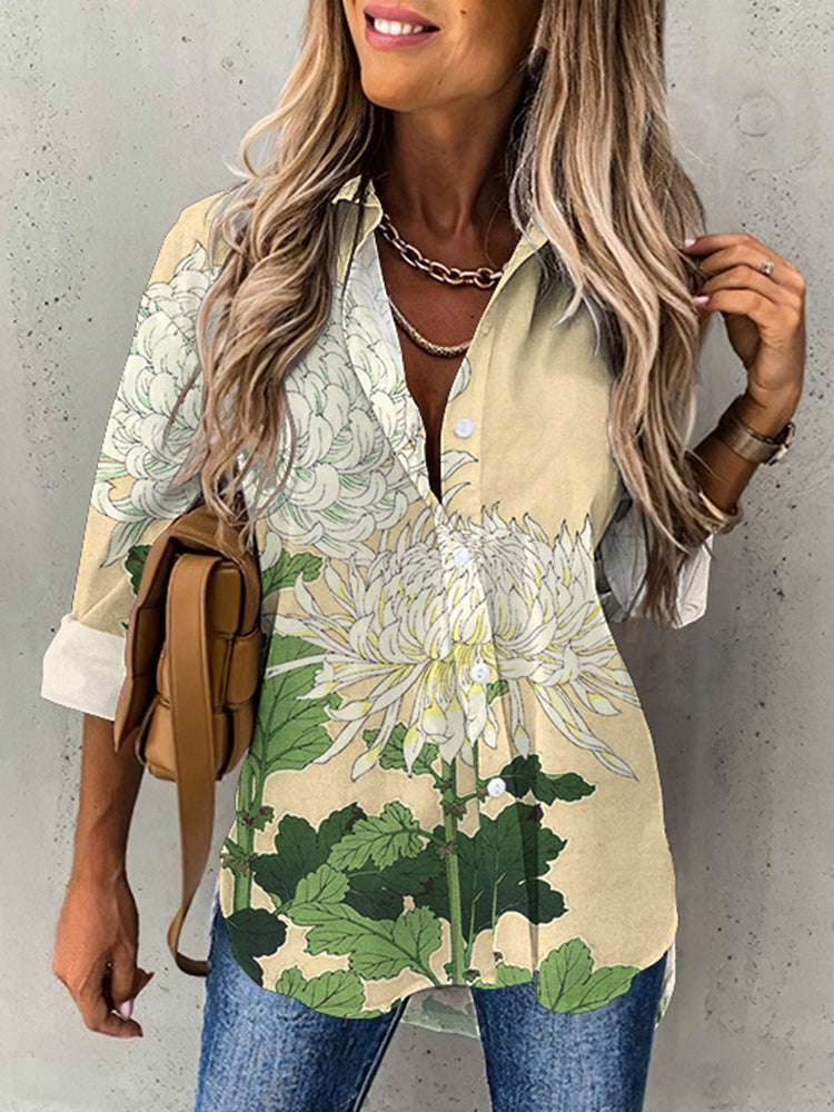 White Chrysanthemum Pattern Women's Shirt