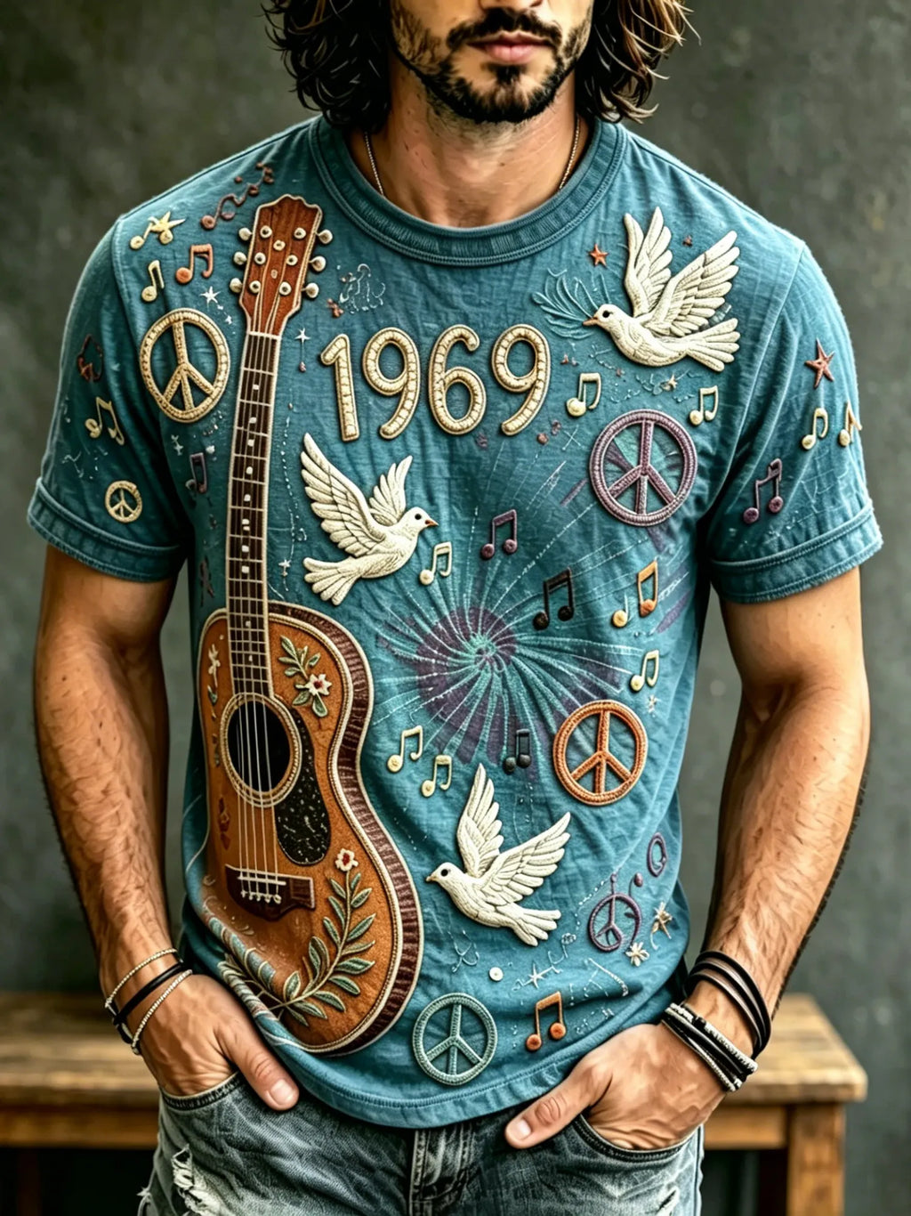Men's Hippie Music Pigeons With Guitar Pattern Print T-shirt