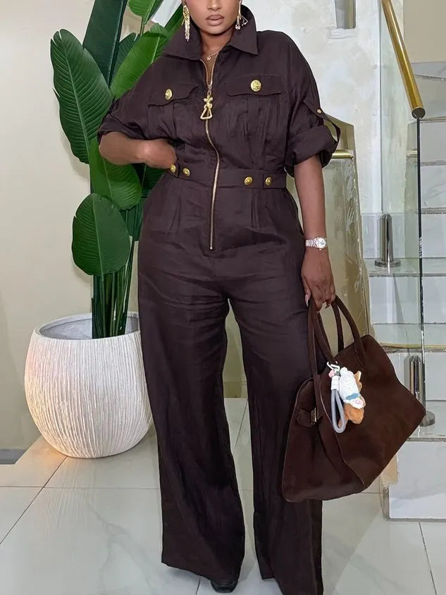 Cotton And Linen Casual Buttoned Plain Shawl Collar Shirt Jumpsuit