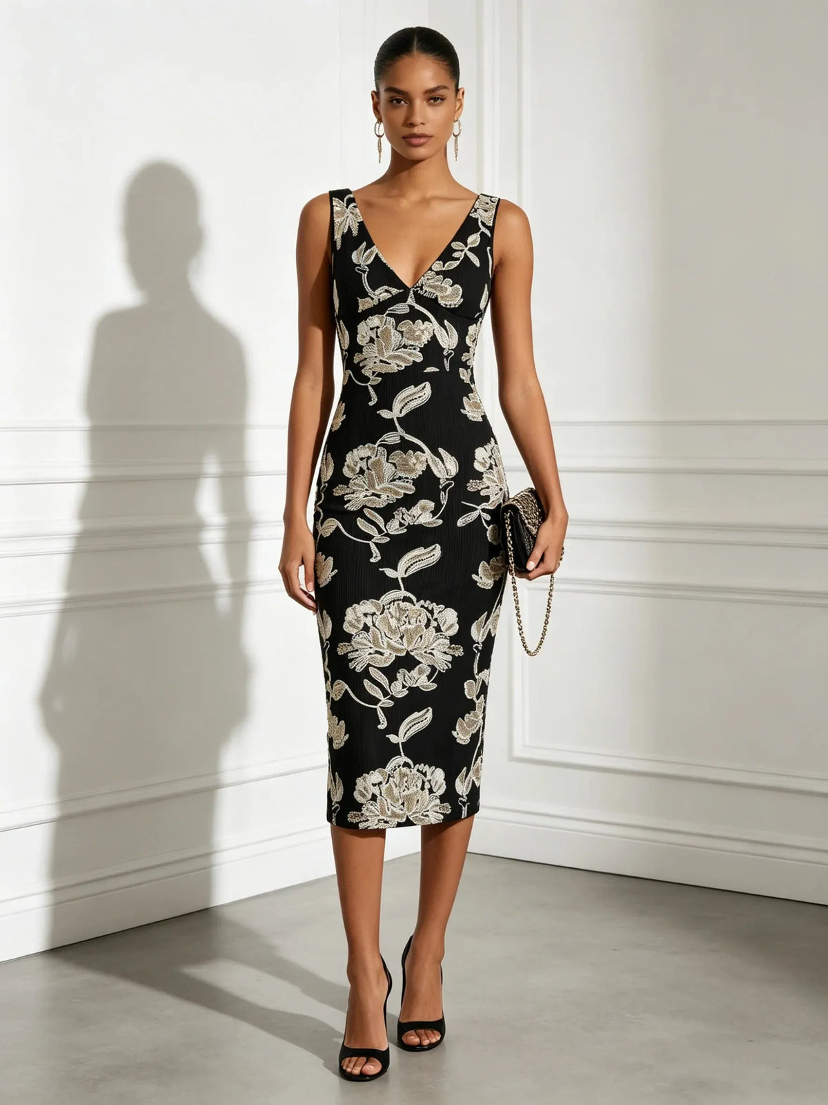 Black Jacquard Classic V Neck Sleeveless Sheath Midi Dress