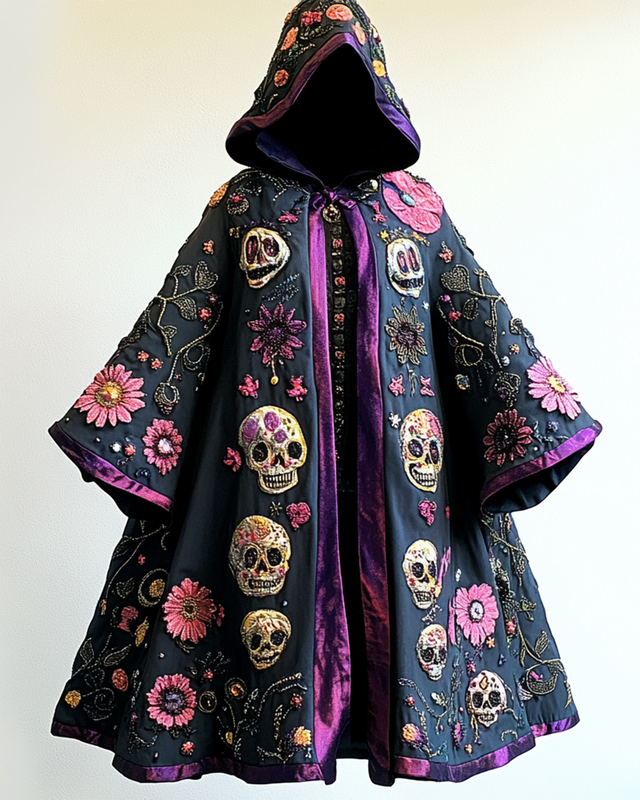 Halloween themed floral and skull embroidered cape 77c5