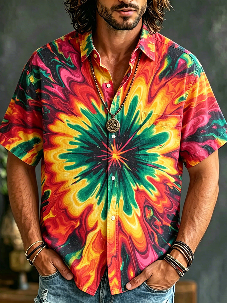 Psychedelic Rainbow Tie Dye Shirt Men Boho Hippie Short Sleeve Beach Casual Camp Shirt