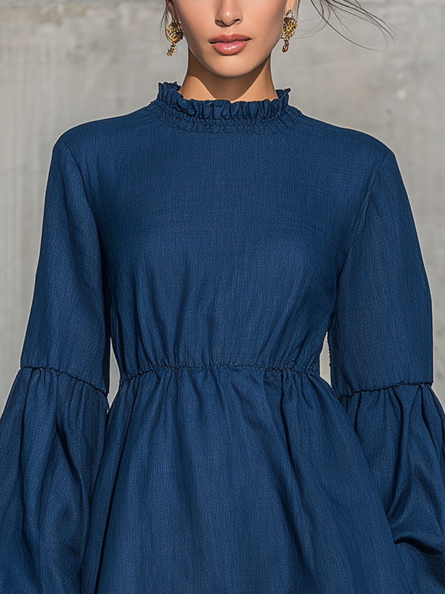 Women's Navy Blue Cotton-linen Blend Ruffle Elastic Waist Bell Long Sleeve Mini Dress MDZ2230G0YZJ