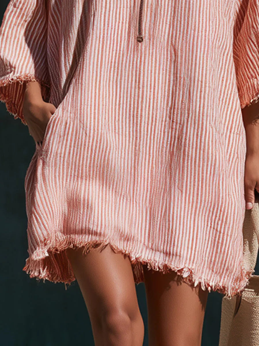 Vintage American Flag Embroidered Hooded Red And White Striped Cotton And Linen Mini Dress