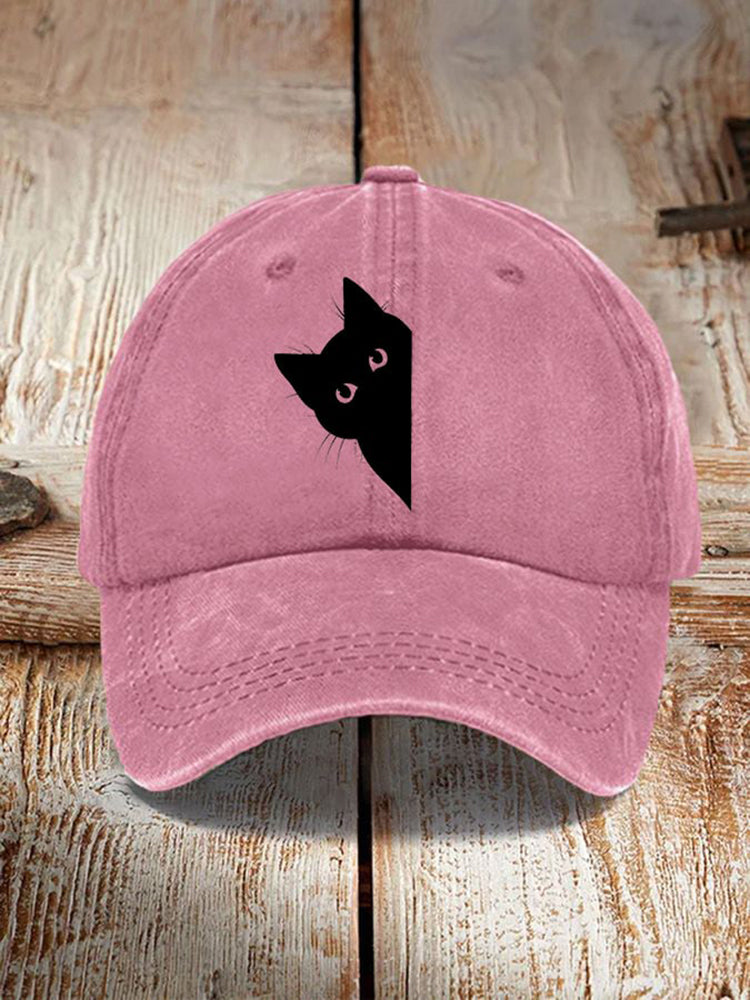 Japanese Art Black Cat Print Washed Sun Hat
