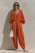 Women's Vibrant Orange Balloon Sleeve Drawstring Jumpsuit