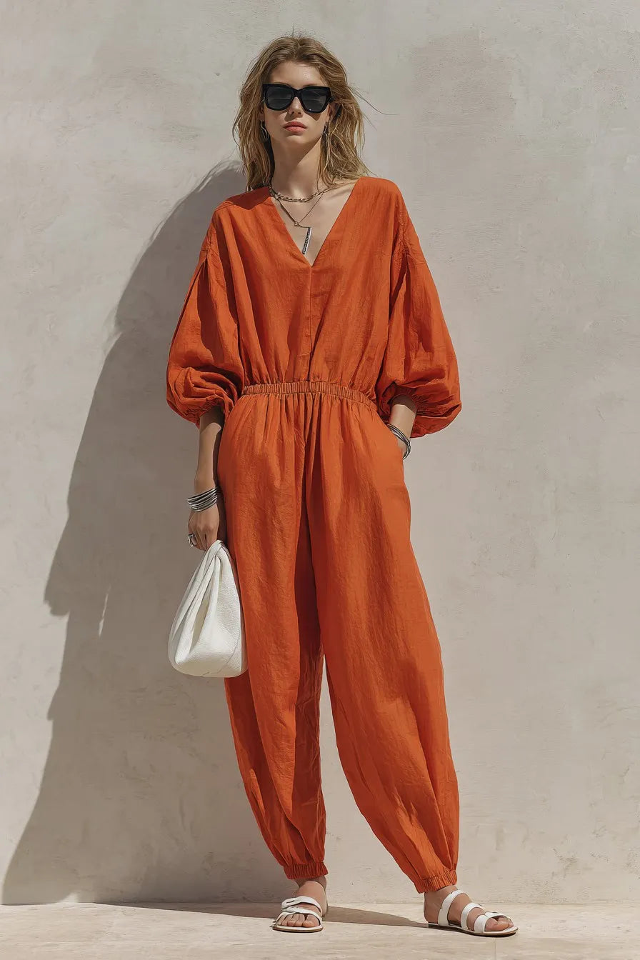 Women's Vibrant Orange Balloon Sleeve Drawstring Jumpsuit