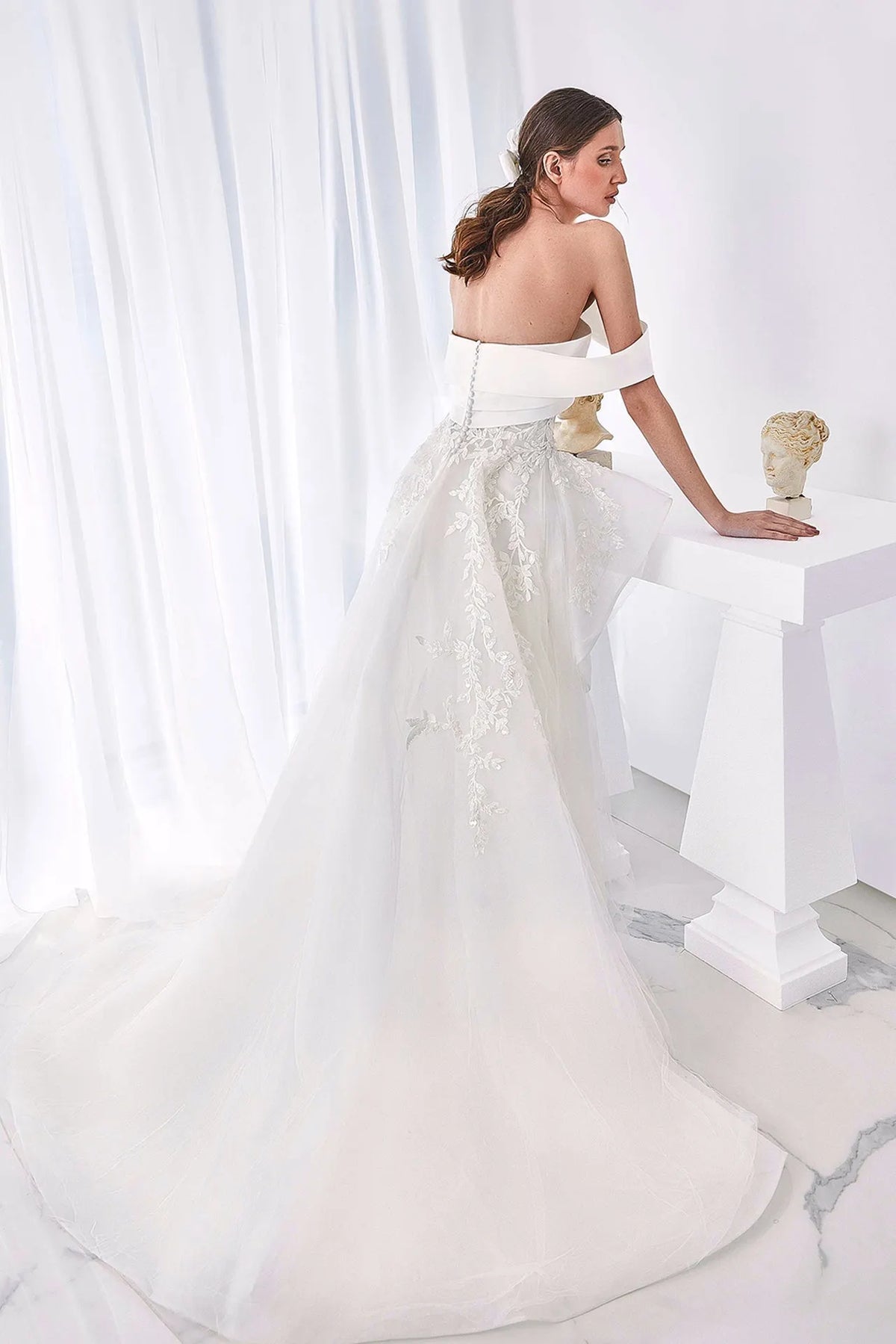 Off shoulder wedding dress with ruffles