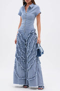 Women's Fitted Short-Sleeve Denim Jumpsuit with Tiered Ruffles