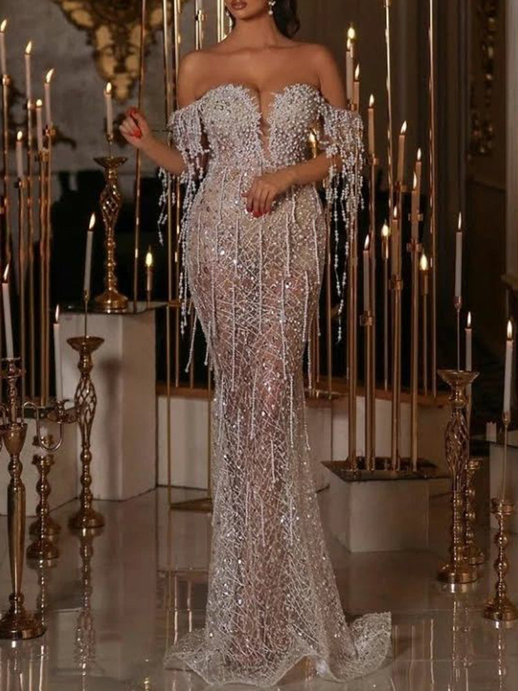 Sexy Sequined Tasseled See-Through Short Sleeve Wedding Maxi Dress